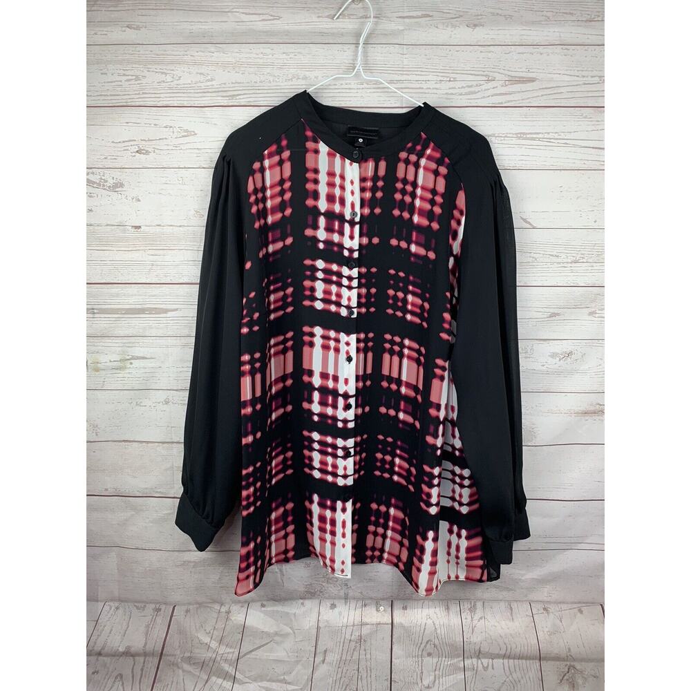 Worthington Top Womens size 1X Semi Sheer Black/Pink Solid back Button‎ front - Picture 4 of 6